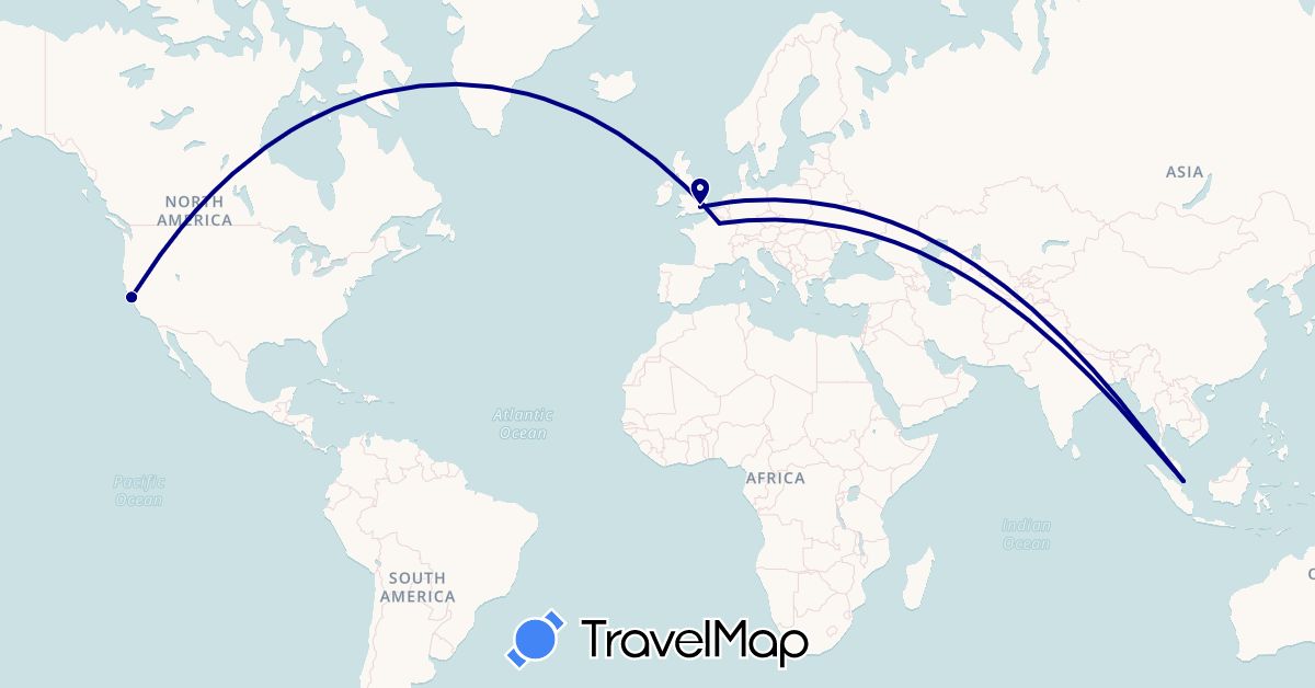 TravelMap itinerary: driving in France, United Kingdom, Singapore, United States (Asia, Europe, North America)